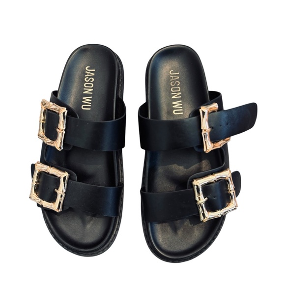 Jason Wu Black & Gold Marzan Slide Sandals with Gold Buckles - Picture 5 of 15